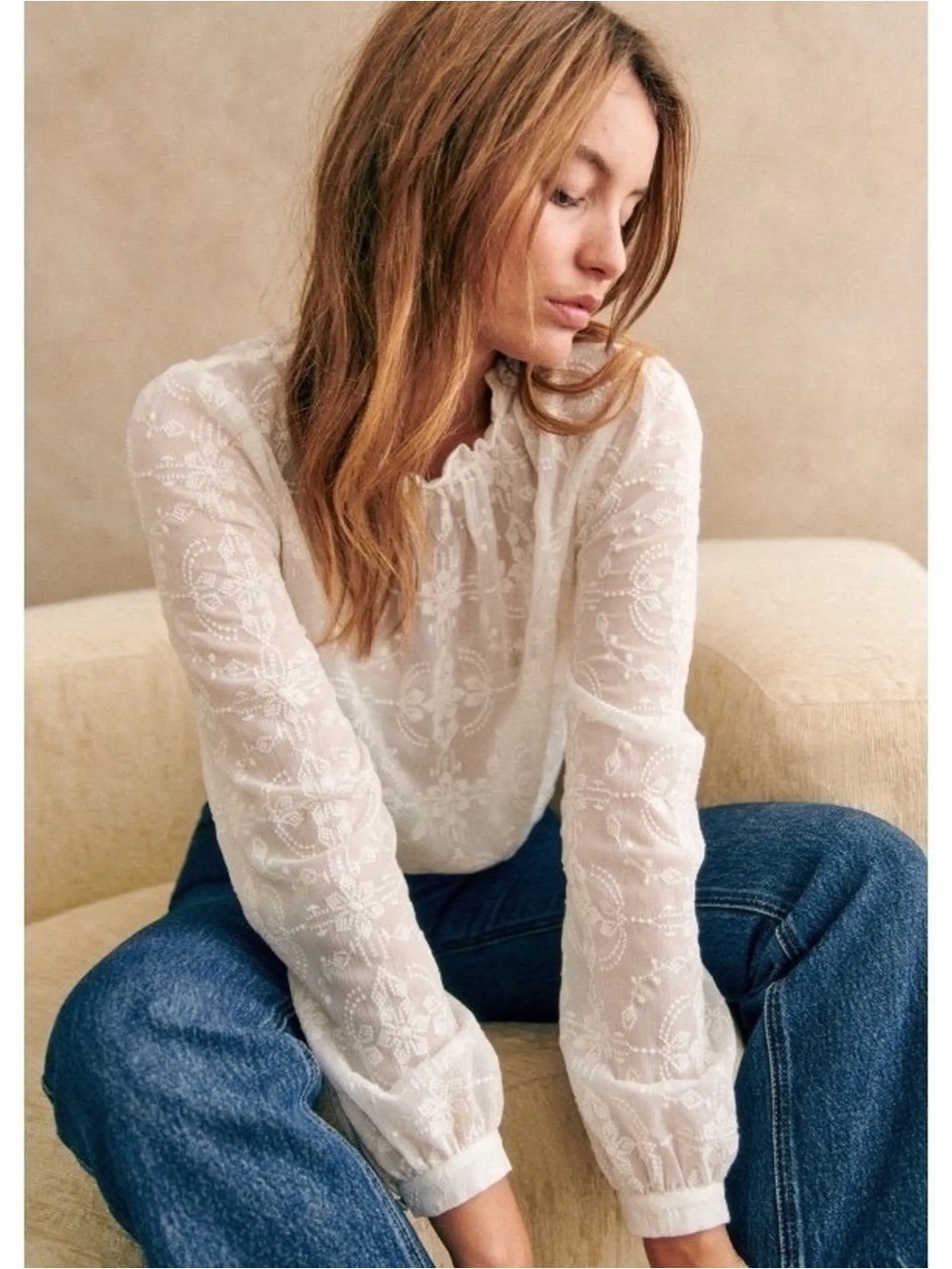 Sezane White Sheer Lace-Pattern Long Sleeve Blouse